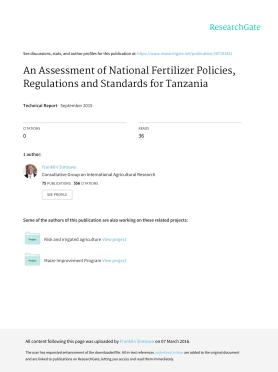 An Assessment of National Fertilizer Policies, Regulations and Standards for Tanzania An Assessment of National Fertilizer Policies, Regulations and Standards for Tanzania