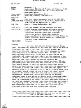 Implementing Educational Policies in Tanzania. World Bank Discussion Papers Implementing Educational Policies in Tanzania. World Bank Discussion Papers