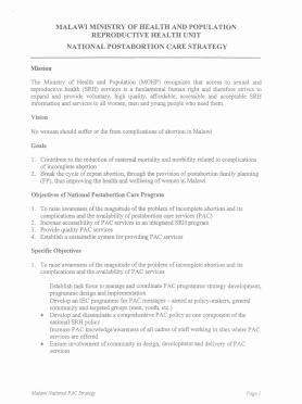 Malawi Ministry of Health And Population Reproductive Health Unit National Postabortion Care Strategy