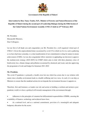 Malawi, Hon. Nancy Tembo, M.P., Minister of Forestry and Natural Resources of the Republic of Malawi Malawi, Hon. Nancy Tembo, M.P., Minister of Forestry and Natural Resources of the Republic of Malawi
